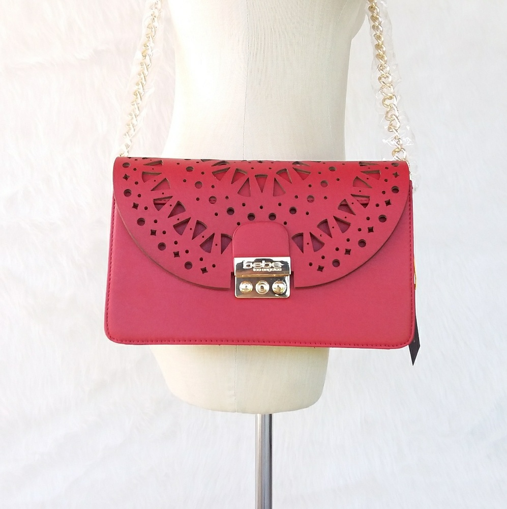 BEBE CROSSBODY TIFFANY PERFORATED EYELET BAG FAUX LEATHER RED FINISH NWT